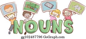 The image shows four children holding up signs with pictures of various nouns with the text "nouns" written in front of them.