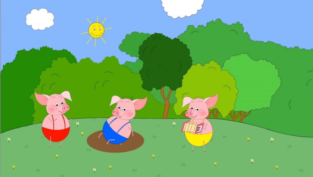 Казки всі діти полюбляють, Різні казочки читають. Але не тільки почитати, — В казку можна ще й пограти. Жили собі у лісі поросята, Три веселих, дружних брата. Ой, смішно звалися вони: Наф-наф! Нуф-нуф! Ніф-ніф! Ці брати-дуже веселі, І не траба їм оселі. Де прийдеться, брати спали, Дім будувати й не гадали. Вони в лісі розважались, У калюжах тепленьких купались.