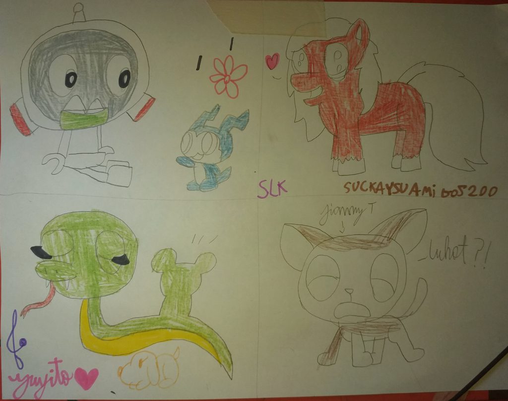 the drawings of this occasion are 1. nurp meeting the digimon Chibimon 2. a Gonk drawing of marapets 3. serpy that swallowed to be 4. a future fanmade dee warioware idea where jimmy t swaps his mind for kitty