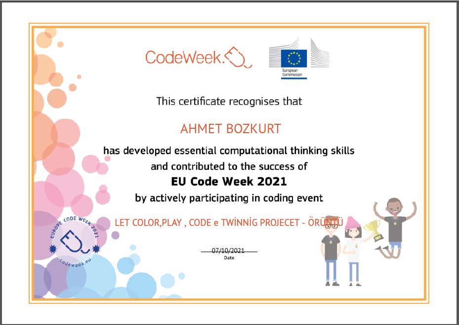 Let’s Color Play Code e Twinning Project – Code Week Certificates for Pattern Work by sukran  - Illustrated by Şükran Yenigelen - Ourboox.com