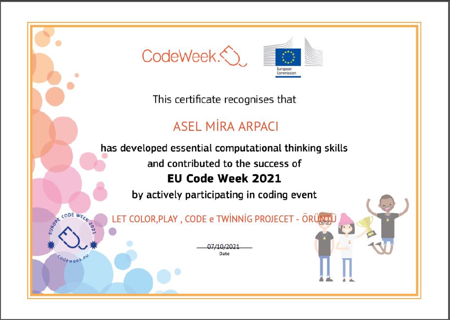 Let’s Color Play Code e Twinning Project – Code Week Certificates for Pattern Work by sukran  - Illustrated by Şükran Yenigelen - Ourboox.com