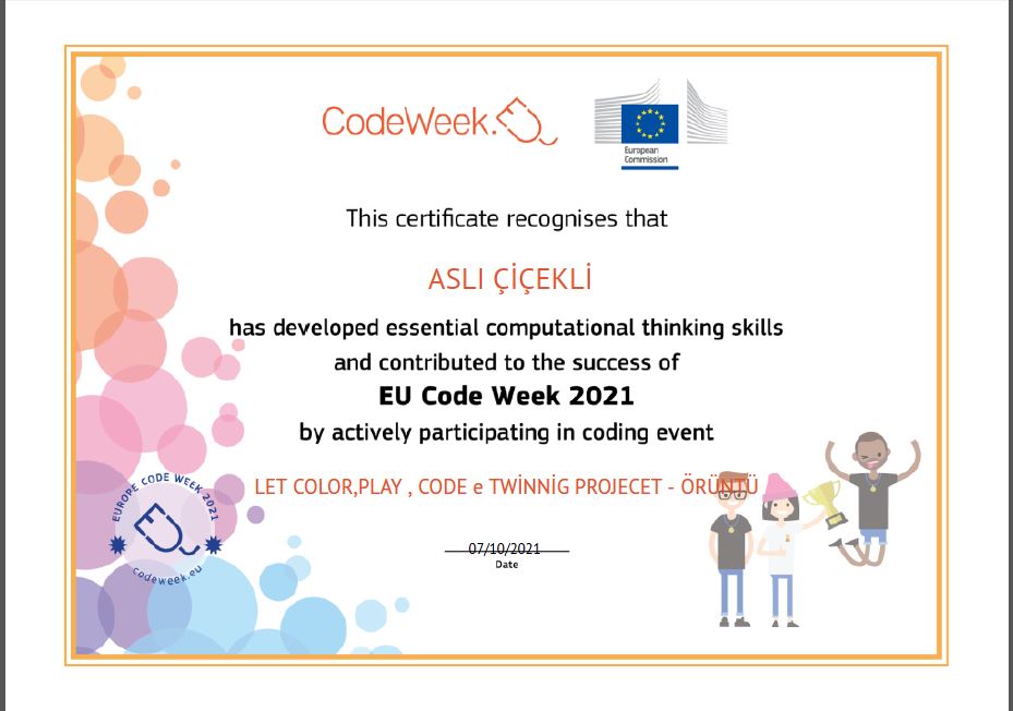 Let’s Color Play Code e Twinning Project – Code Week Certificates for Pattern Work by sukran  - Illustrated by Şükran Yenigelen - Ourboox.com