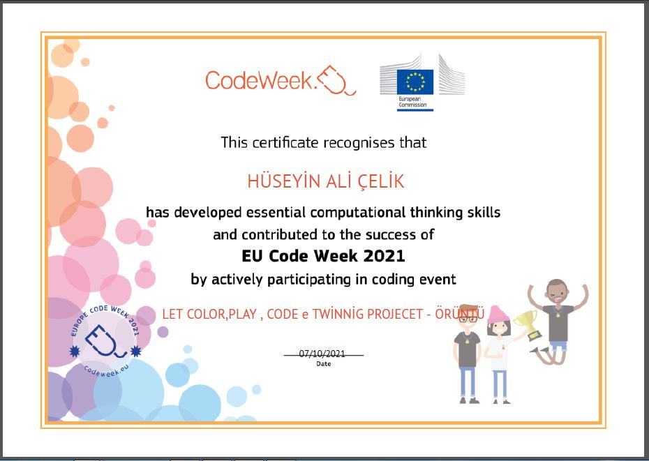 Let’s Color Play Code e Twinning Project – Code Week Certificates for Pattern Work by sukran  - Illustrated by Şükran Yenigelen - Ourboox.com