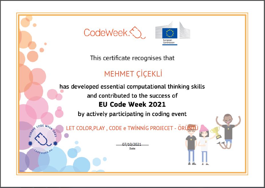 Let’s Color Play Code e Twinning Project – Code Week Certificates for Pattern Work by sukran  - Illustrated by Şükran Yenigelen - Ourboox.com