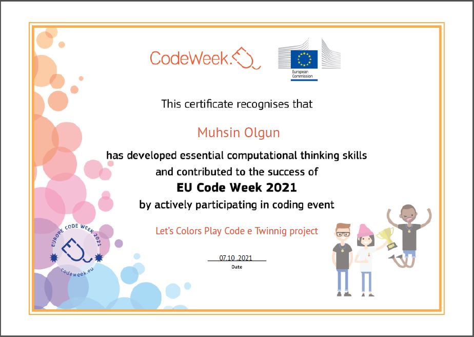 Let’s Color Play Code e Twinning Project – Code Week Certificates for Pattern Work by sukran  - Illustrated by Şükran Yenigelen - Ourboox.com