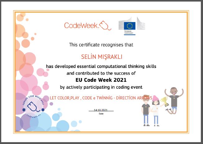 Let’s Color Play Code e Twinning Project – Code Week Certificates for Direction Arrows Work by sukran  - Illustrated by Şükran Yenigelen - Ourboox.com