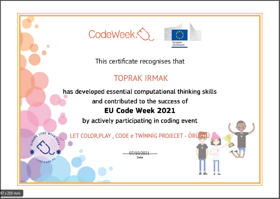 Let’s Color Play Code e Twinning Project – Code Week Certificates for Pattern Work by sukran  - Illustrated by Şükran Yenigelen - Ourboox.com