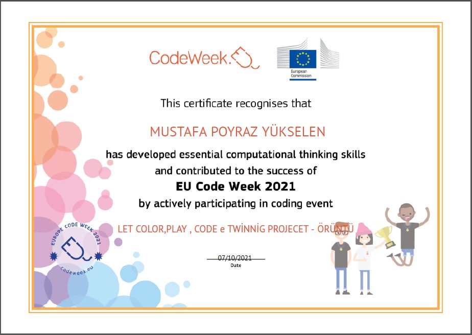 Let’s Color Play Code e Twinning Project – Code Week Certificates for Pattern Work by sukran  - Illustrated by Şükran Yenigelen - Ourboox.com