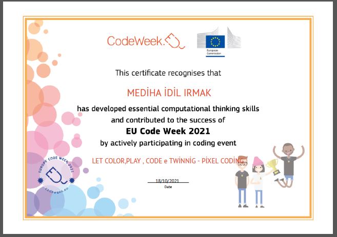 Let’s Color Play Code e Twinning Project – Code Week Certificates for Pixel Coding Studies by sukran  - Illustrated by Şükran Yenigelen - Ourboox.com