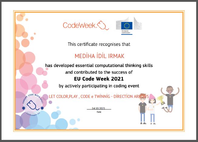 Let’s Color Play Code e Twinning Project – Code Week Certificates for Direction Arrows Work by sukran  - Illustrated by Şükran Yenigelen - Ourboox.com